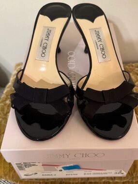 Jimmy Choo Black Patent Bow Mules with Mid Heel
